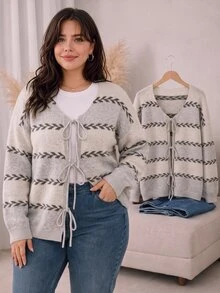 CosyJoli Plus Size Women's Geometric Pattern Drop Shoulder Long Sleeve Knit Cardigan - Multicolor - View 2