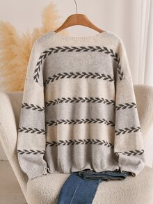 CosyJoli Plus Size Women's Geometric Pattern Drop Shoulder Long Sleeve Knit Cardigan - Multicolor - View 3