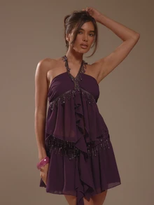 MUSERA 紫色掛脖裝飾飾邊上衣迷你裙兩件套 夏季度假 Ibiza 音樂節 Zarina - 紫色 - 查看 3