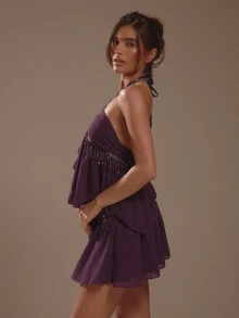 MUSERA 紫色掛脖裝飾飾邊上衣迷你裙兩件套 夏季度假 Ibiza 音樂節 Zarina - 紫色 - 查看 4