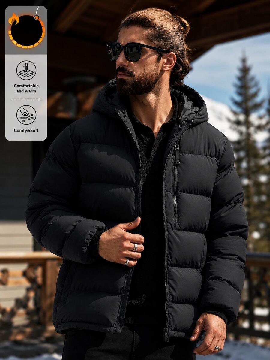 SHEIN Cottnline Men's Hooded Zip-Up Winter Padded Coat - Dark Grey - View 1