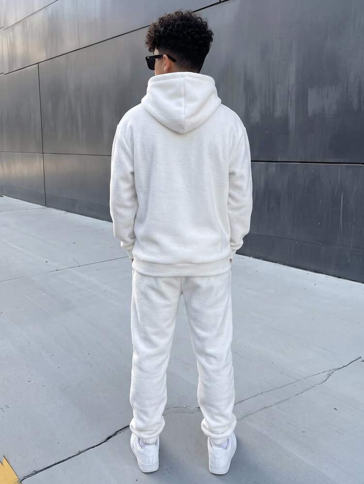 2pcs Kids Teen Boys Casual Sports Streetwear Letter Pattern White Hoodie And Black Letter Fleece Long Sleeve Sweatshirt With Fleece White Sweatpants Long Pants, Suitable For Commuting, School, Daily Casual Outings, Sports, Autumn/Winter - White - View 4
