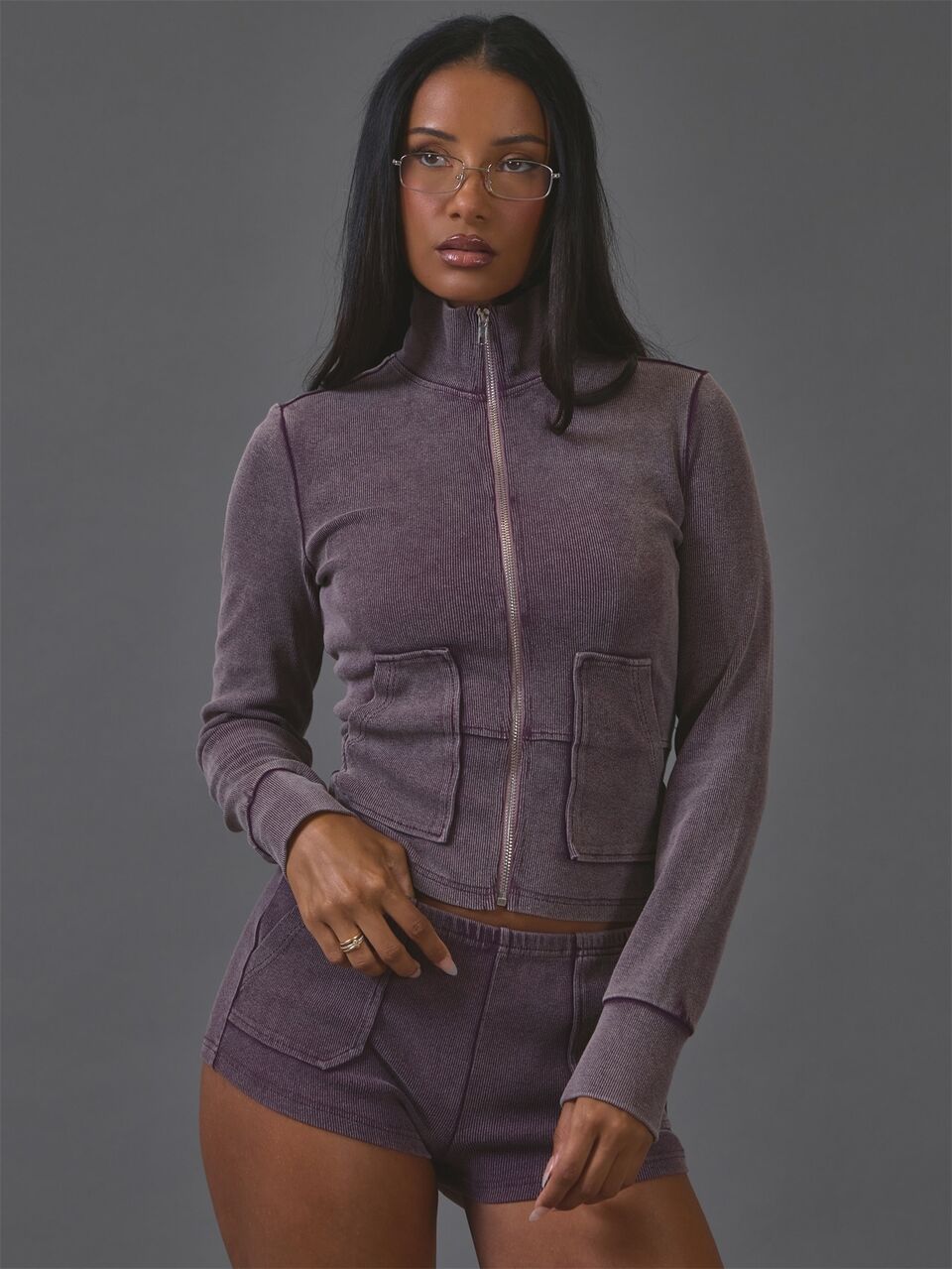 Purple Ribbed High Neck Zip Up Long Sleeve Jakcet And Pocket Detail Micro Mini Shorts Sold As Set
