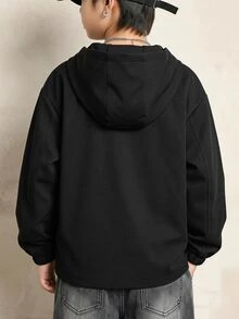 SHEIN 兒童青少年男孩休閒日常百搭舒適大字母印花連帽寬鬆長袖薄款梭織外套，適合通勤、上學、日常休閒、大學、旅行、運動，秋冬款 - 黑色 - 查看 3