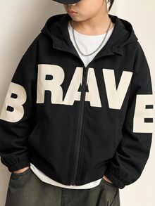 SHEIN 兒童青少年男孩休閒日常百搭舒適大字母印花連帽寬鬆長袖薄款梭織外套，適合通勤、上學、日常休閒、大學、旅行、運動，秋冬款 - 黑色 - 查看 4