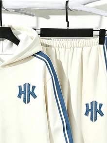 青少年男孩字母圖案條紋拼接連帽衛衣與慢跑褲 2 件套運動休閒套裝 - 彩色 - 查看 5