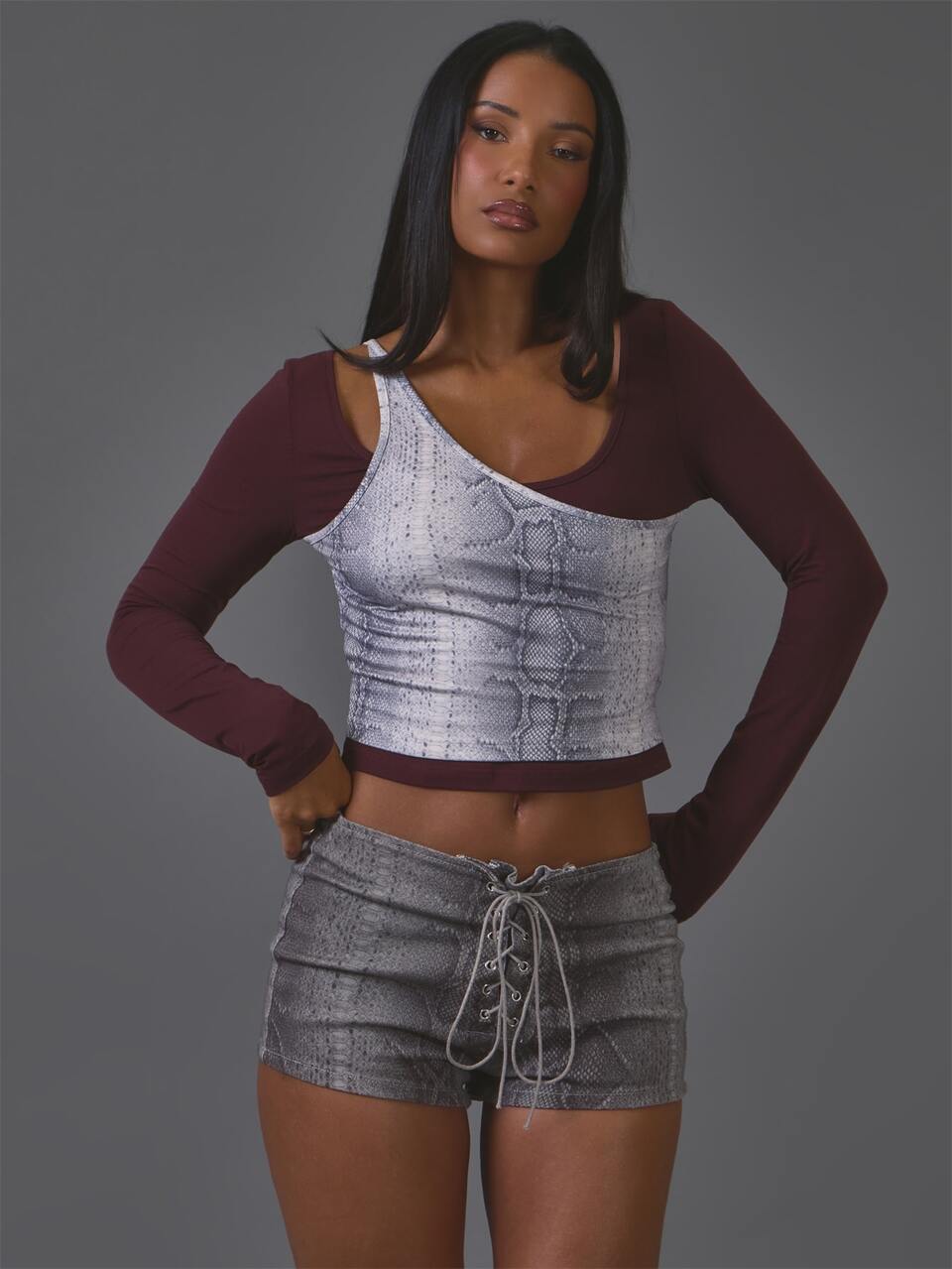 Snake Print Contrast Double Layer Long Sleeve Top Winter Casual Day Outfit Comfy Outfit Cool