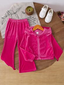 SHEIN Elladie kids 女童 2 件套亮片蝴蝶結拉鍊連帽外套與喇叭褲，運動時尚風，適合學校與球類運動 - 粉色 - 查看 4