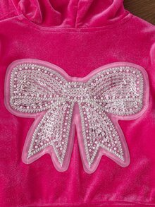 SHEIN Elladie kids 女童 2 件套亮片蝴蝶結拉鍊連帽外套與喇叭褲，運動時尚風，適合學校與球類運動 - 粉色 - 查看 7