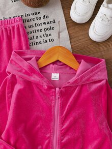 SHEIN Elladie kids 女童 2 件套亮片蝴蝶結拉鍊連帽外套與喇叭褲，運動時尚風，適合學校與球類運動 - 粉色 - 查看 6
