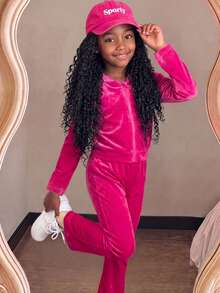 SHEIN Elladie kids 女童 2 件套亮片蝴蝶結拉鍊連帽外套與喇叭褲，運動時尚風，適合學校與球類運動 - 粉色 - 查看 5