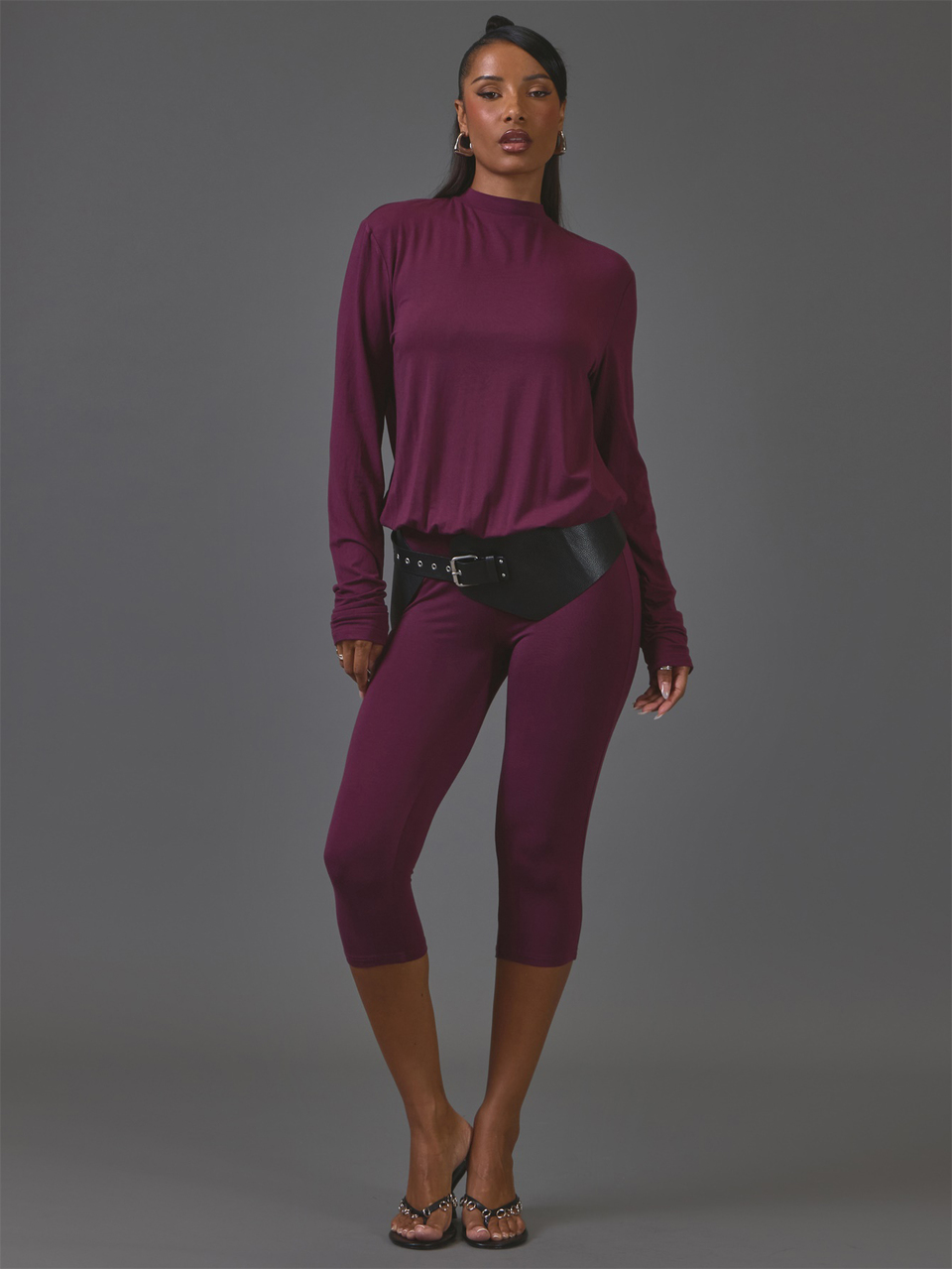 Burgandy Long Sleeve Capri Jumpsuit Winter Fall Autumn Casual Top Day Outfit Comfy Outfit Cool