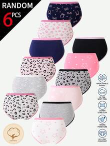 【6件隨機款】青少年女孩純棉內褲，柔軟四季通用基本款三角褲，豹紋蝴蝶結印花配對比腰帶，秋季款 - 彩色 - 查看 2