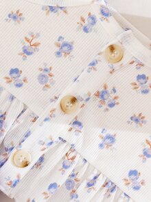 SHEIN 新生兒夏季三件套 花卉印花方領鈕扣吊帶背心 條紋鬱金香短褲 - 彩色 - 查看 10