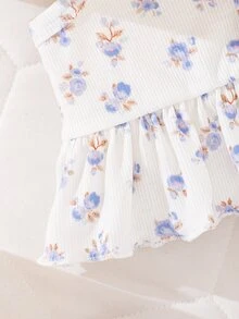 SHEIN 新生兒夏季三件套 花卉印花方領鈕扣吊帶背心 條紋鬱金香短褲 - 彩色 - 查看 5
