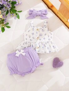 SHEIN 新生兒夏季三件套 花卉印花方領鈕扣吊帶背心 條紋鬱金香短褲 - 彩色 - 查看 4