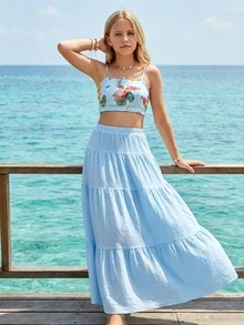 SHEIN Sparklyn 青少年女孩休閒度假白色拼接裙，4層，可愛，校園風，返校季秋季 - 藍色 - 查看 3