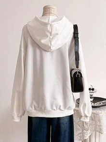 SHEIN Sparklyn 1件青少年女孩休闲字母印花口袋拉链卫衣外套，简约街头风卫衣，秋冬季必备单品 - 白色 - 查看 2