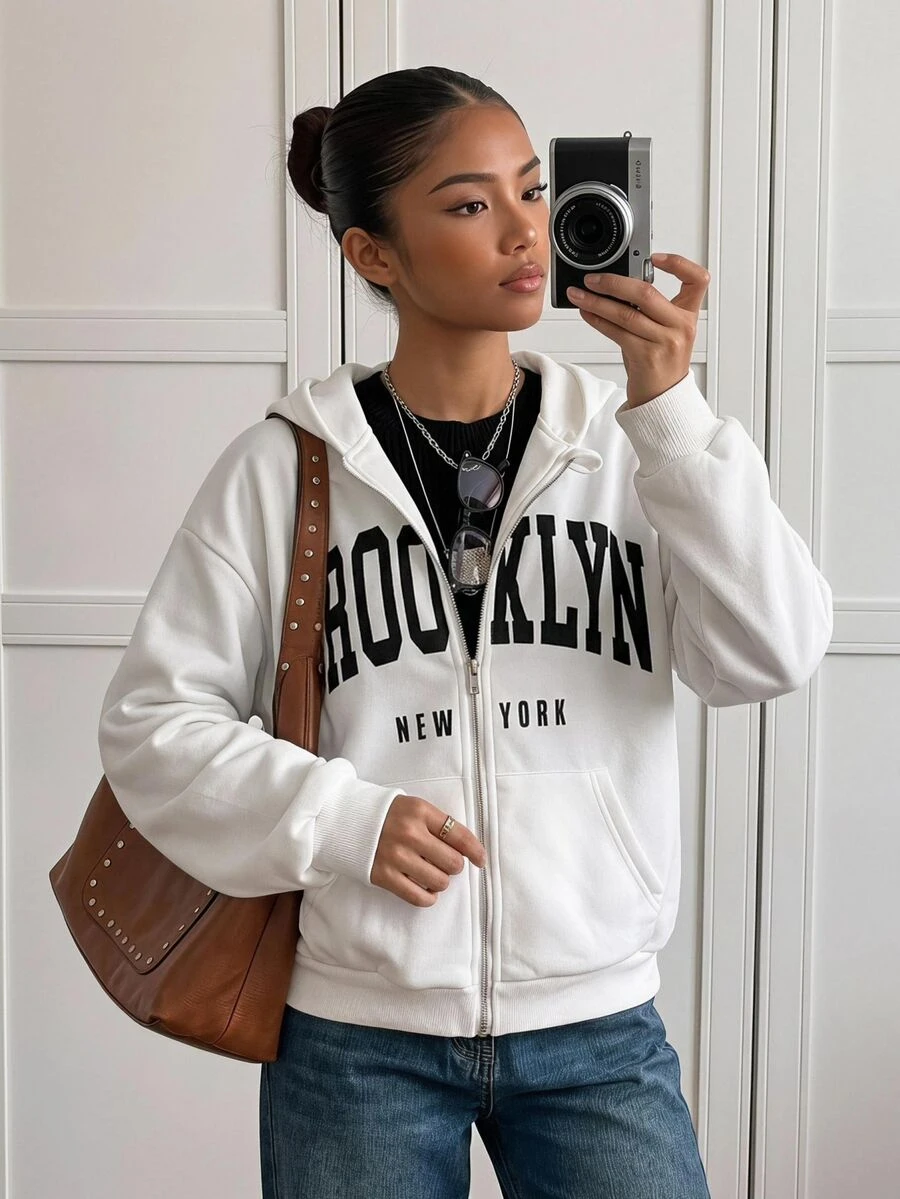SHEIN Sparklyn 1pc Teen Girls Casual Letter Print Pockets Zip Up Sweatshirt Jacket, Simple Street Style Sweatshirt, Essential For Autumn/Winter Fall - White - View 1