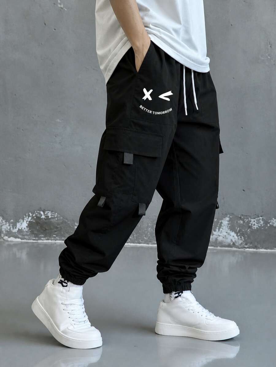 Mirajuku Teen Boy Drawstring Waist Cartoon Expression Print Woven Sweatpants With Pockets, Street Casual Style, School, Campus, College Autumn Fall - Black - View 1