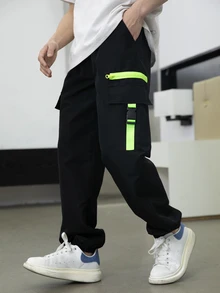 SHEIN 男童休闲撞色工装慢跑裤，适合学校、校园、学院风秋冬穿着 - 黑色 - 查看 5