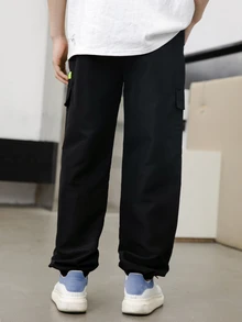 SHEIN 男童休闲撞色工装慢跑裤，适合学校、校园、学院风秋冬穿着 - 黑色 - 查看 2