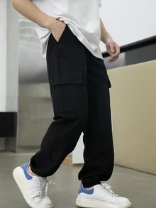 SHEIN 男童休闲撞色工装慢跑裤，适合学校、校园、学院风秋冬穿着 - 黑色 - 查看 7