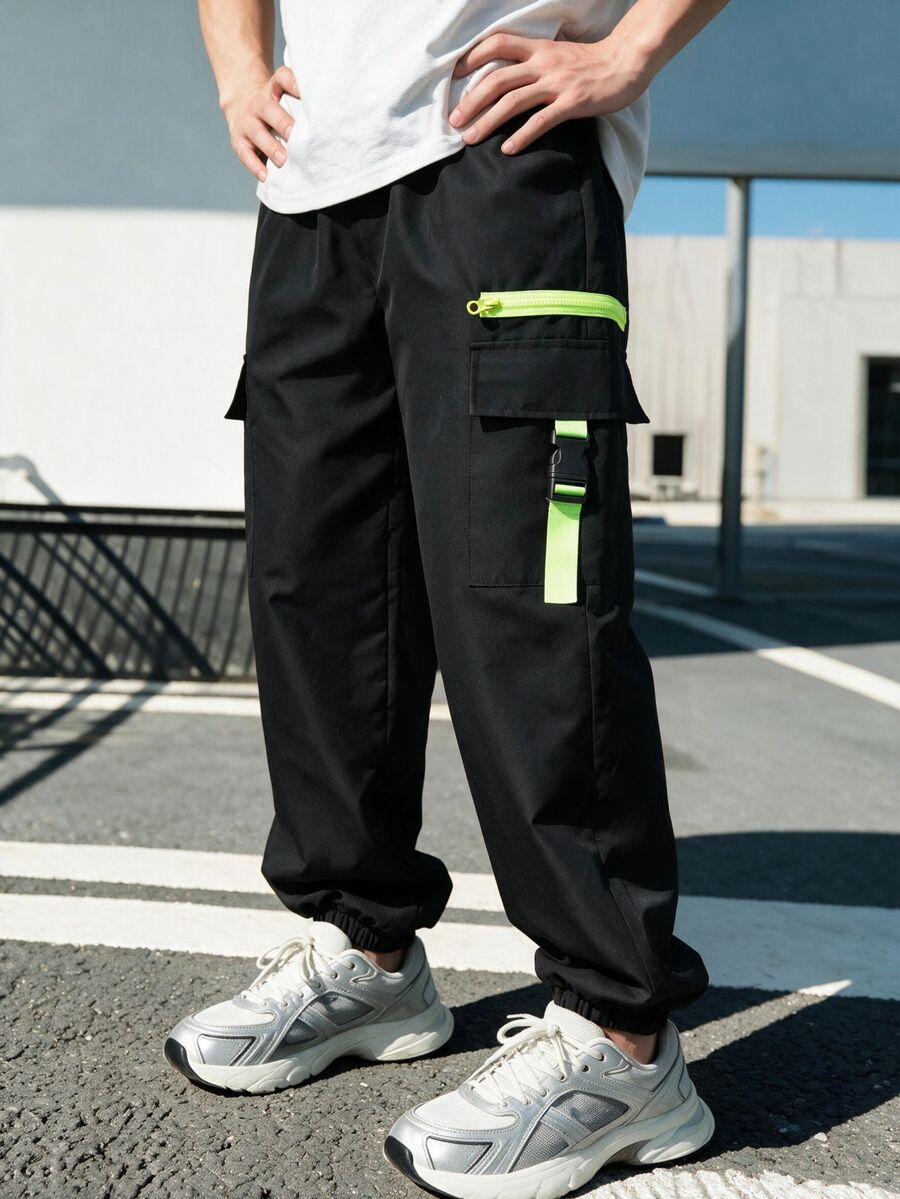 SHEIN Tween Boys' Casual Colorblock Cargo Jogger Pants, School, Campus, College Chic Autumn/Winter - Black - View 1