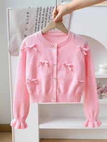 SHEIN Playful Pals Girls Handmade Bow Knitted Sweater Cardigan, Autumn/Winter Fall Baby Pink - Pink - View 5