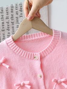 SHEIN Playful Pals Girls Handmade Bow Knitted Sweater Cardigan, Autumn/Winter Fall Baby Pink - Pink - View 9