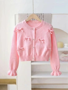 SHEIN Playful Pals Girls Handmade Bow Knitted Sweater Cardigan, Autumn/Winter Fall Baby Pink - Pink - View 4