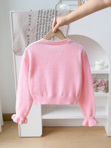 SHEIN Playful Pals Girls Handmade Bow Knitted Sweater Cardigan, Autumn/Winter Fall Baby Pink - Pink - View 3