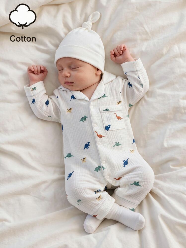 SHEIN 1pc Newborn Baby Boy Long Sleeve Front Opening Jumpsuit One-Piece Home Wear, Woven Double-Layer Crinkle Fabric, Cute Dinosaur Digital Print Pattern - White - View 1