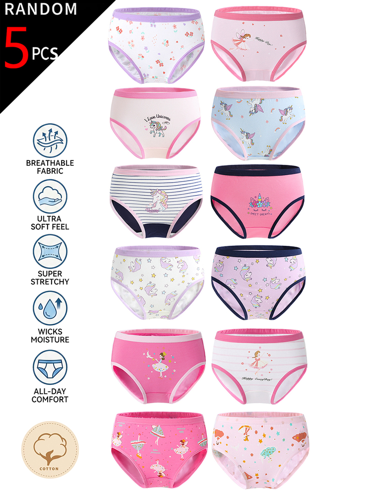 SHEIN [5pcs Random Assortment] Girls Toddler Underwear, Baby Pink White Floral Mixed Color Triangle Panties, Soft Winter - Multicolor - View 5