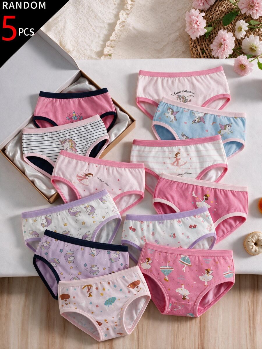 SHEIN 【5件隨機款】女童幼兒內褲 嬰兒粉色與白色花卉混色三角內褲 柔軟保暖冬季款 - 彩色 - 查看 1