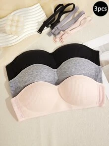 3pcs Set Teen Girl Non-Wire Thin Seamless Removable Strap Solid Color Bra, Suitable For Student Casual/Sports Wear Back To School Fashion Black Summer - Multicolor - View 3