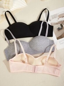 3pcs Set Teen Girl Non-Wire Thin Seamless Removable Strap Solid Color Bra, Suitable For Student Casual/Sports Wear Back To School Fashion Black Summer - Multicolor - View 4