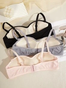 3pcs Set Teen Girl Non-Wire Thin Seamless Removable Strap Solid Color Bra, Suitable For Student Casual/Sports Wear Back To School Fashion Black Summer - Multicolor - View 2