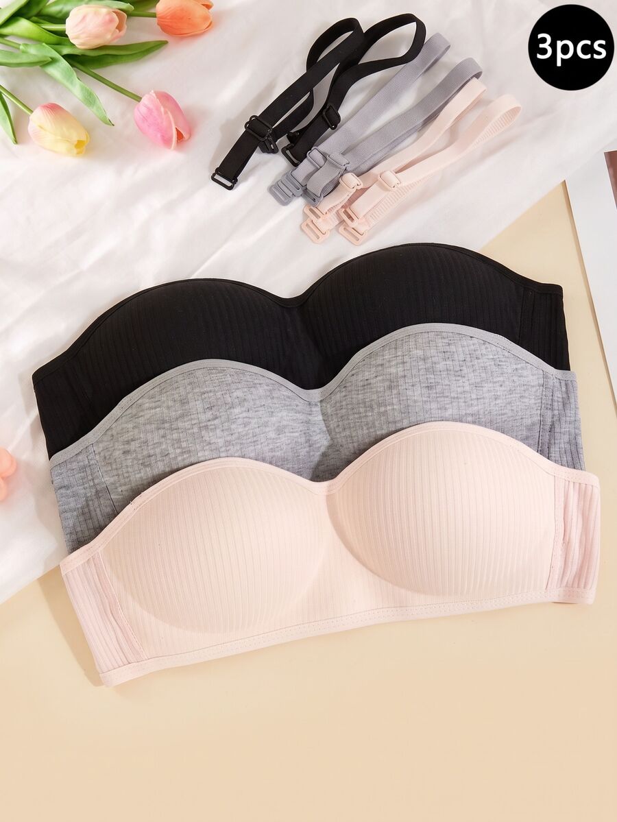3pcs Set Teen Girl Non-Wire Thin Seamless Removable Strap Solid Color Bra, Suitable For Student Casual/Sports Wear Back To School Fashion Black Summer - Multicolor - View 1