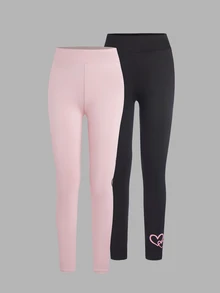 SHEIN 两件套女童打底裤组合装 - 黑色和粉色，爱心印花图案，舒适百搭，适合少女秋冬季时尚穿搭 - 彩色 - 查看 4