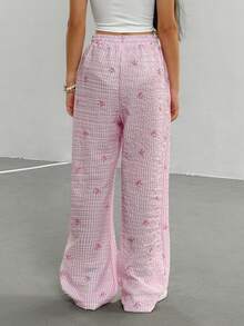 SHEIN Sparklyn Tween Girl' 粉色条纹蝴蝶结印花泡泡纹理腰带宽松白色对比色系带裤 - 粉色 - 查看 7