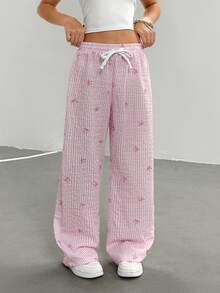 SHEIN Sparklyn Tween Girl' 粉色条纹蝴蝶结印花泡泡纹理腰带宽松白色对比色系带裤 - 粉色 - 查看 6