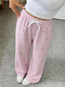 SHEIN Sparklyn Tween Girl' 粉色条纹蝴蝶结印花泡泡纹理腰带宽松白色对比色系带裤 - 粉色 - 查看 1
