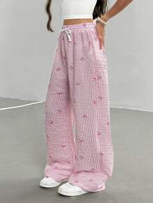 SHEIN Sparklyn Tween Girl' 粉色条纹蝴蝶结印花泡泡纹理腰带宽松白色对比色系带裤 - 粉色 - 查看 4