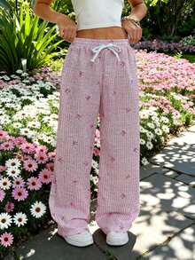 SHEIN Sparklyn Tween Girl' 粉色条纹蝴蝶结印花泡泡纹理腰带宽松白色对比色系带裤 - 粉色 - 查看 3