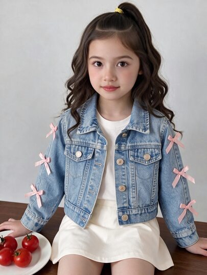 Young Girls' Light Blue Washed Denim Jacket, Collared Single-Breasted Design, Pink Satin Bow Sleeve Decor, Classic Denim Jacket Silhouette, Durable Denim Fabric, Short Boxy Fit Versatile Jacket, Vintage Campus Style, Suitable For Graduation, School, Casual Outings