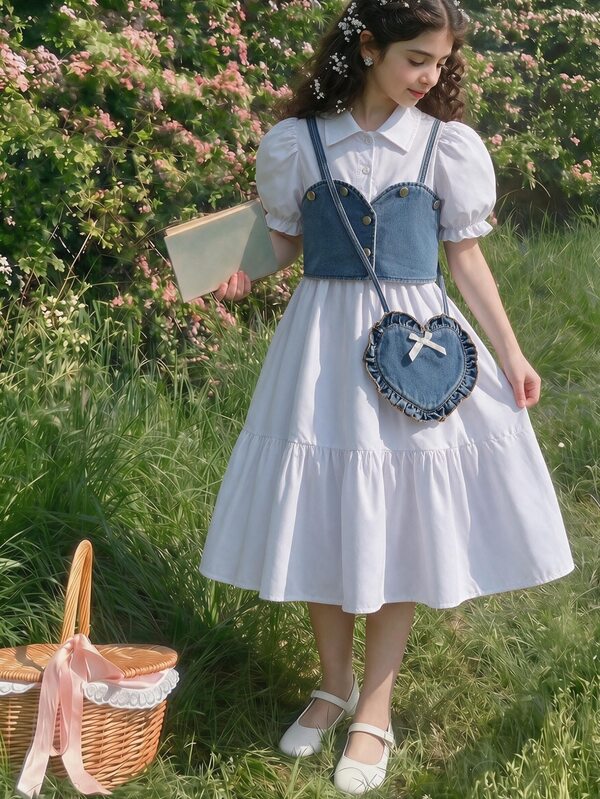 Elladie kids 夏季新款优雅通勤风女童两件套，牛仔露脐吊带背心+纯色短袖衬衫裙，附赠心形包，适合日常、上学、派对等场合。