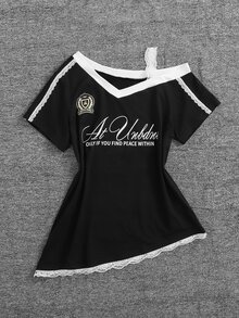 SHEIN 优雅条纹方领腰部荷叶边华夫格面料 T 恤，适合青少年女孩休闲通勤优雅户外舒适家居服，修身款，秋冬 - 黑色 - 查看 3