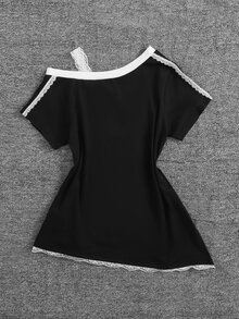 SHEIN 优雅条纹方领腰部荷叶边华夫格面料 T 恤，适合青少年女孩休闲通勤优雅户外舒适家居服，修身款，秋冬 - 黑色 - 查看 2
