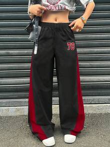 SHEIN Sparklyn 青少年女孩寬腿街頭風運動嘻哈網紅配色數位印花寬鬆長褲，秋季休閒返校穿搭，黑色 - 黑色 - 查看 6